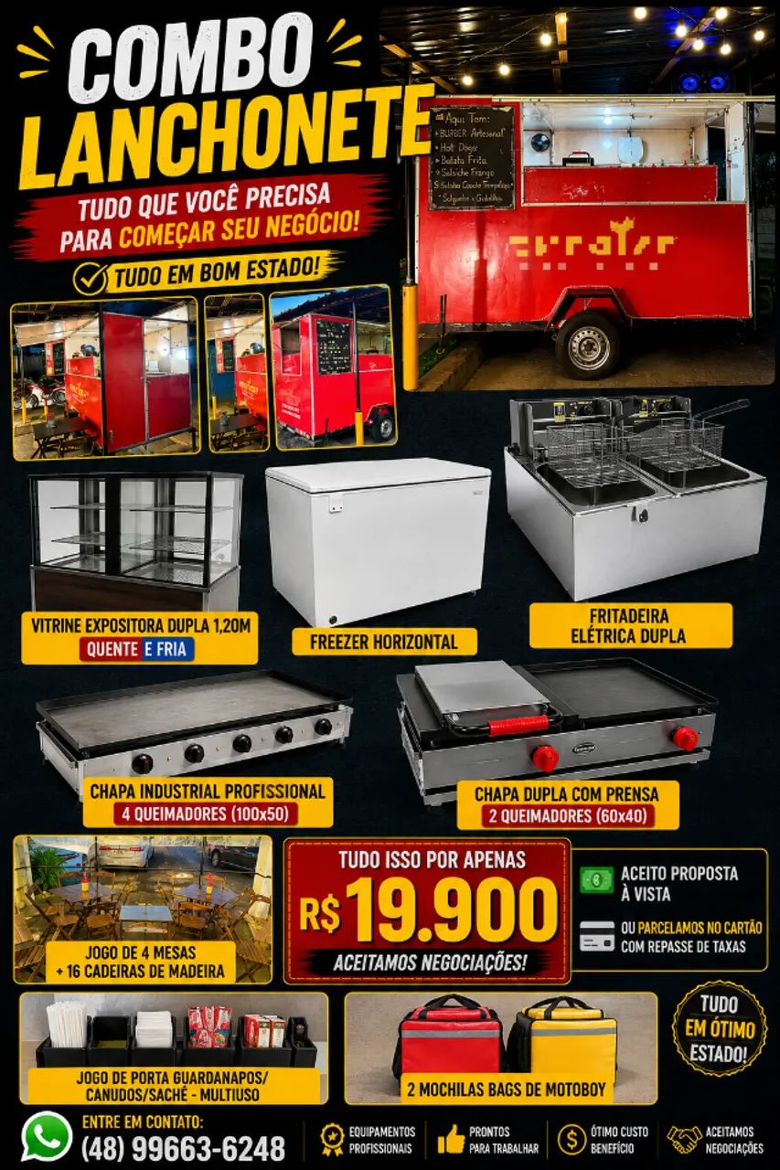 COMBO COMPLETO DE LANCHONETE À VENDA: TRAILER + EQUIPAMENTOS