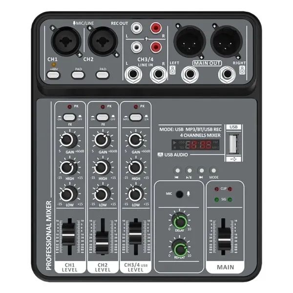 Mesa de Som 4 Canais USB MP3/BT
