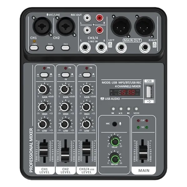 Mesa de Som 4 Canais USB MP3/BT