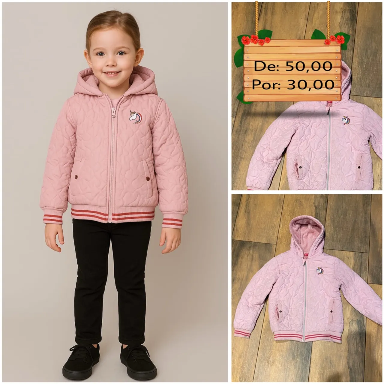 Jaqueta Infantil Rosa com Capuz e Unicórnio - Promoção!