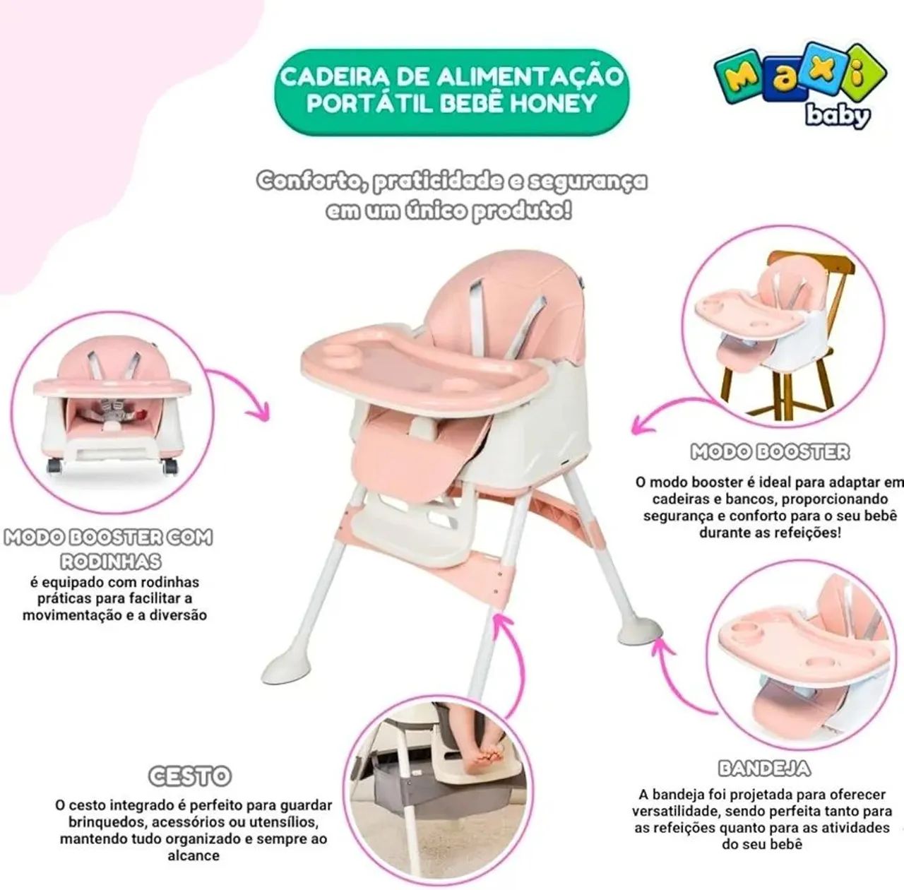 Cadeira de Alimentação Portátil Bebê Honey Maxi Baby (Rosa) - Foto 3