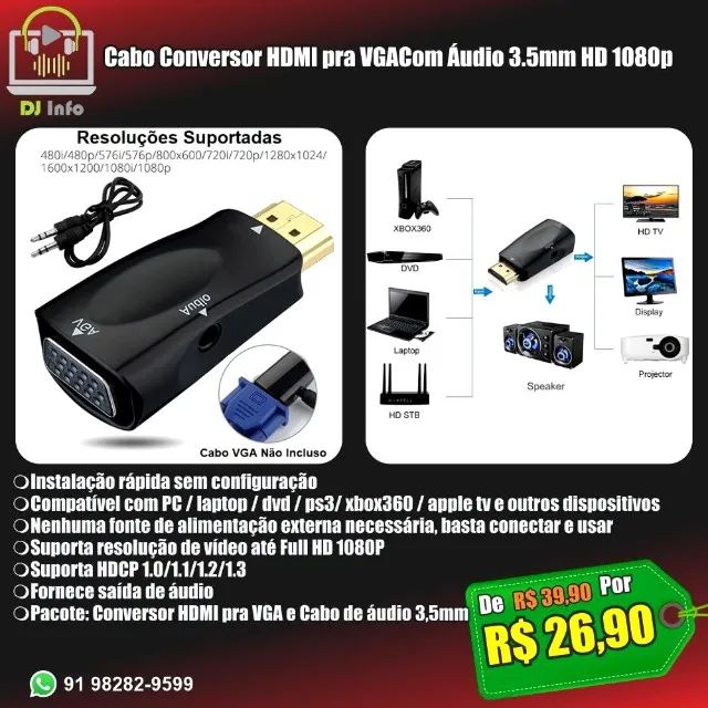 Cabo Conversor HDMI pra VGACom Áudio 3.5mm HD 1080p