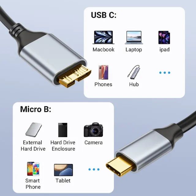 Cabo Micro B para Tipo C Macho -  HD Disco Rígido 3.0