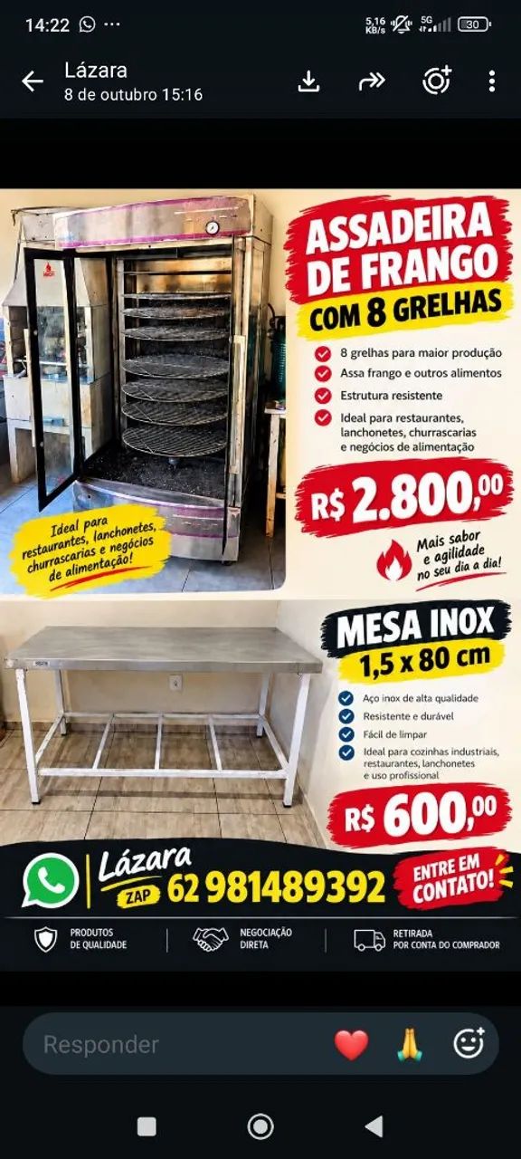 Assadeira de frango 8 grelhas e mesa inox 1,5 x 80cm
