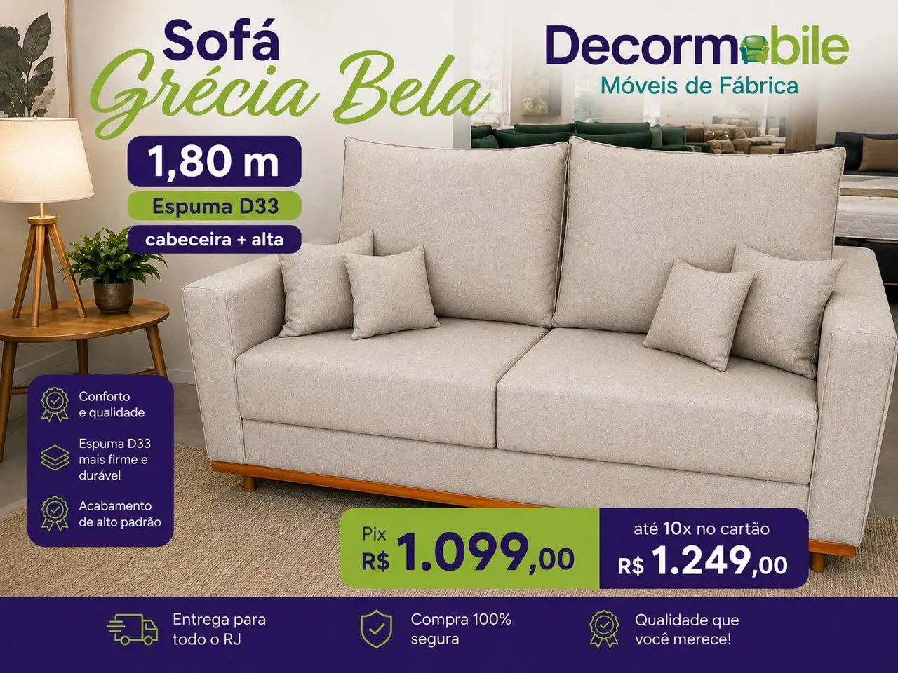 sofá Living 1,80 em D33 encosto alto linho e madeira top 