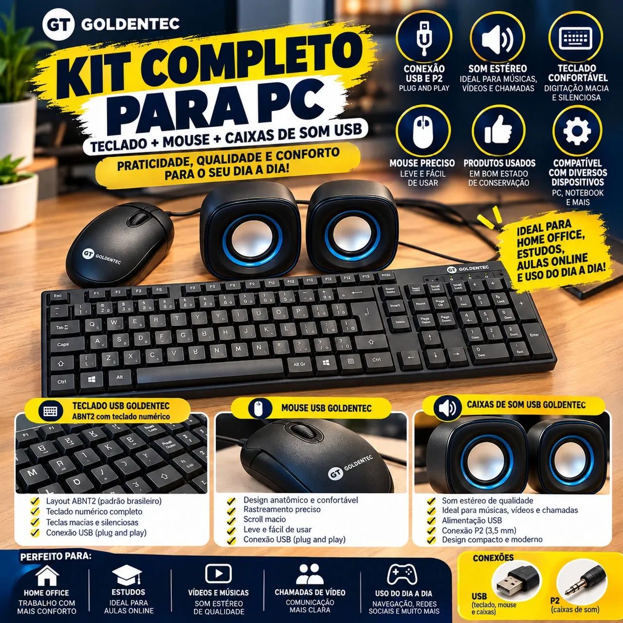 Kit Completo para PC - Teclado + Mouse + Caixas de Som USB