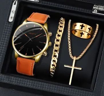 Kit Relogio Masculino Luxo + Pulseira + Corriente + Anel (Novo) 