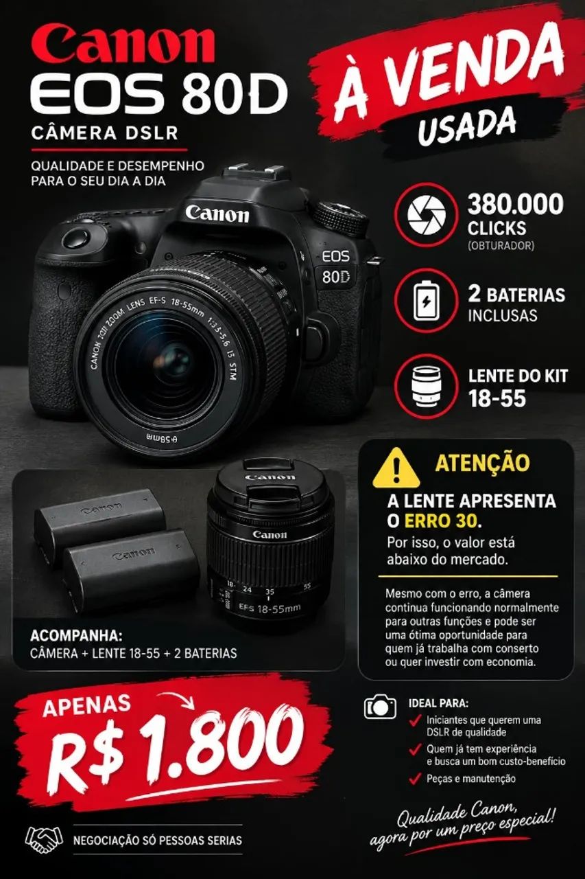 Camera Canon 80D com Lente 18-55 