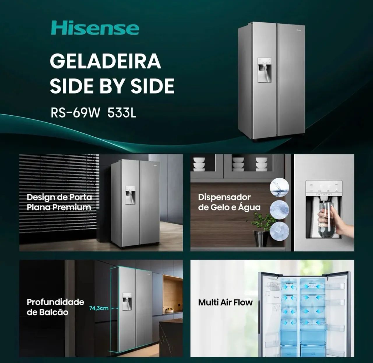 Geladeira Side by Side 2 Portas Hisense 533L Inox 220V - Nova e