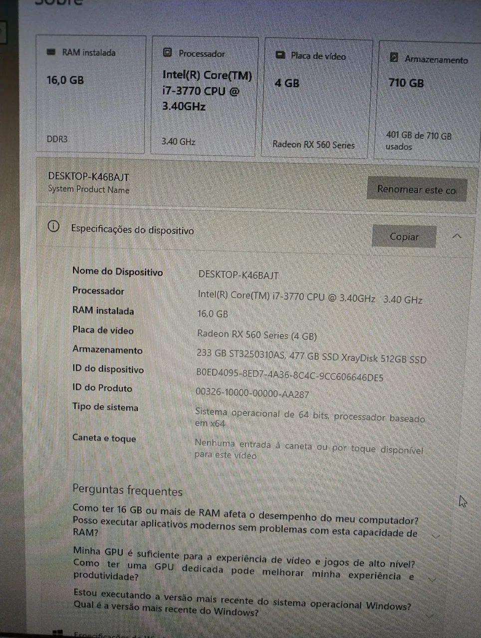 PC Gamer / Desktop i7 + 16GB RAM + RX 560 4GB + SSD 512GB