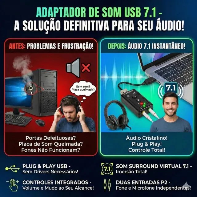 Adaptador Para Placa De Som USB 7.1 Preto - Foto 3
