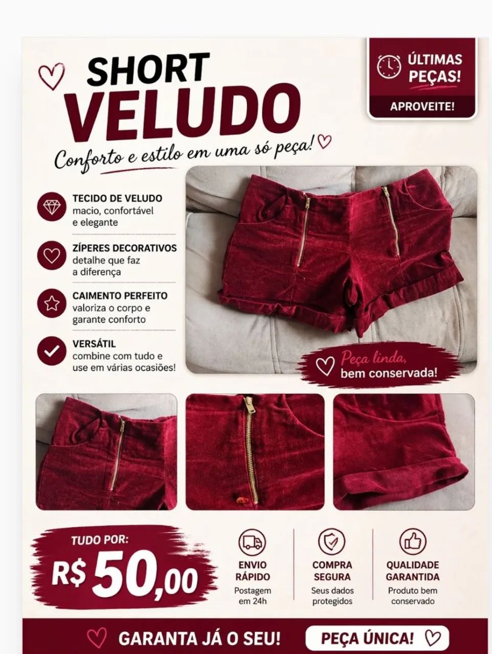 Short / Bermuda social curta em veludo com ziper frontal Tam: 38 - Foto 3