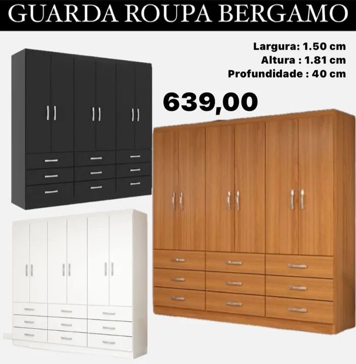 Guarda-roupa 6 Portas 8 Gavetas 1,50m - Bergamo. ENTREGA HOJE MESMO - LIGUE AGORA 