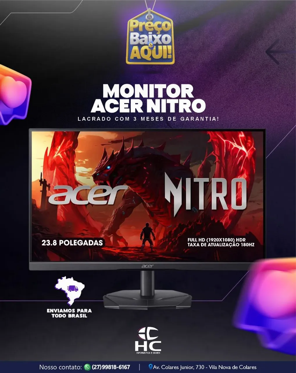 MONITOR ACER NITRO 180HZ HDR NOVO LACRADO COM GARANTIA!!!