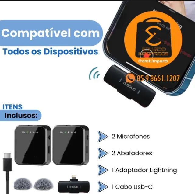 Microfone Lapela 2 Para 1 Sem Fio Tipo C A'gold MCF-19 - Foto 5