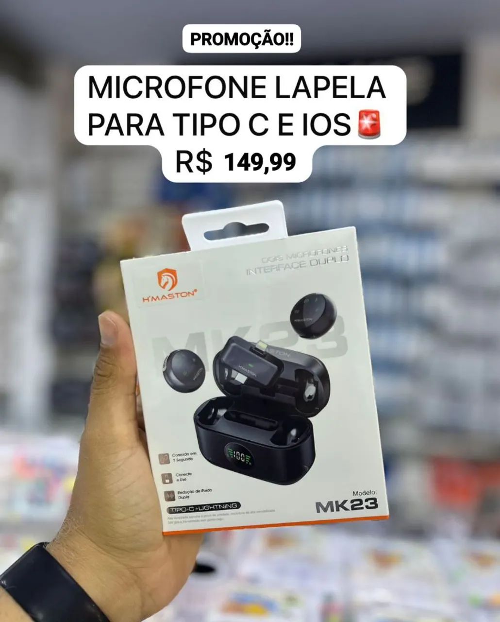 Microfone de Lapela Sem Fio H?maston  - Tipo C e iOS - entrega em slz