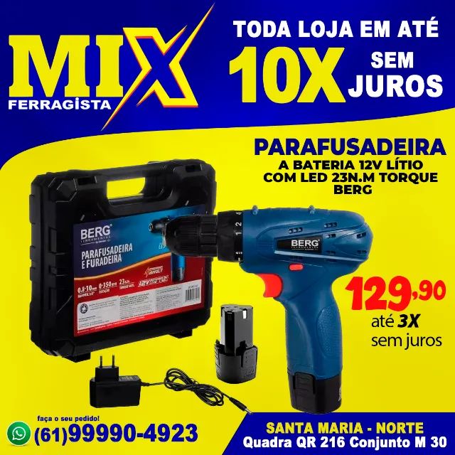 Parafusadeira a Bateria 12v ítio Com Led e Maleta 23N.M Torque Berg