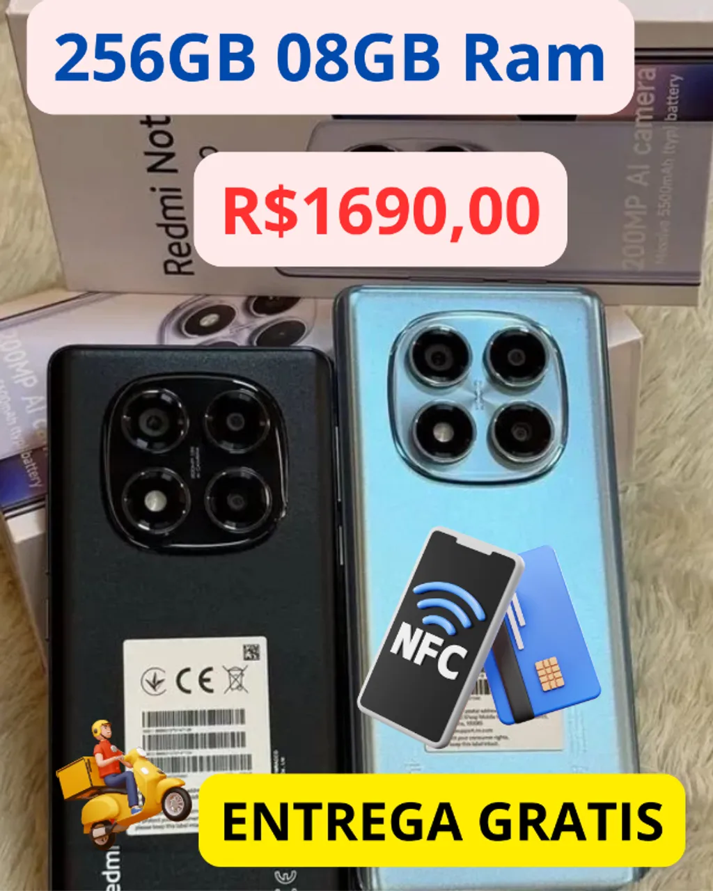Celular Redmi Note 14 Pro 4G NFC 256Gb 08Gb Ram Preto Lilas Verde Garantia