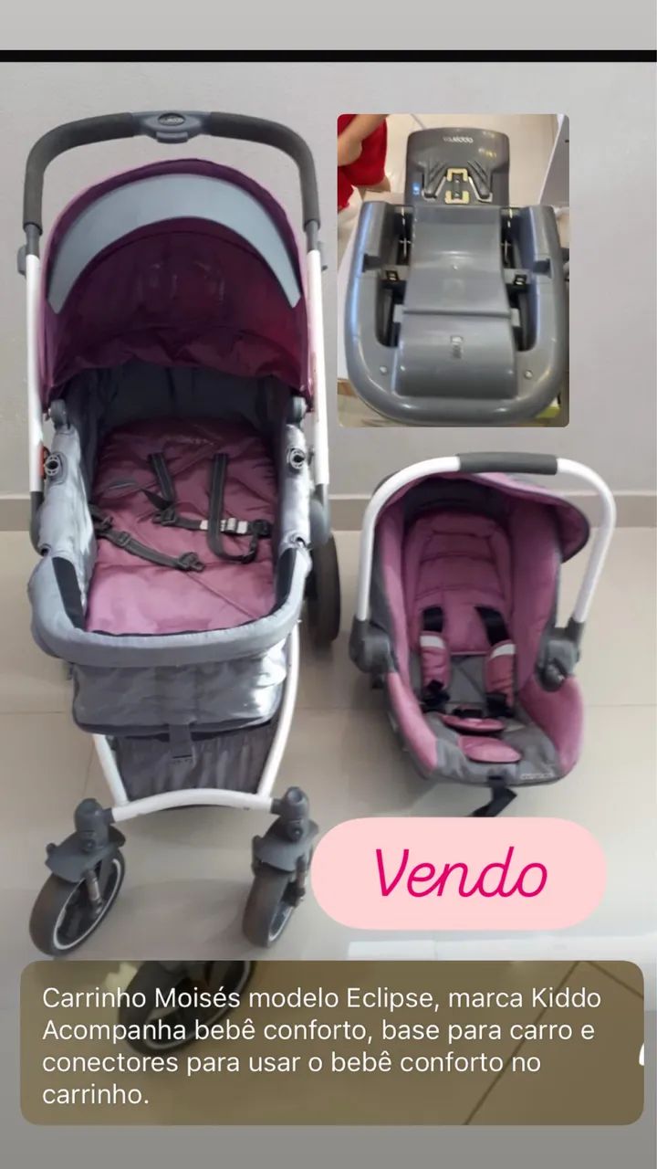 Carrinho de bebê com bebê conforto e base para carro, marca Kiddo 3 em 1