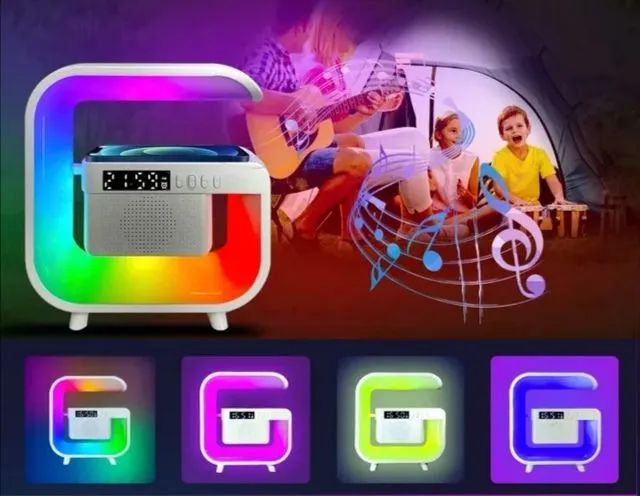 Caixa de Som com Iluminação LED e Rádio Relógio