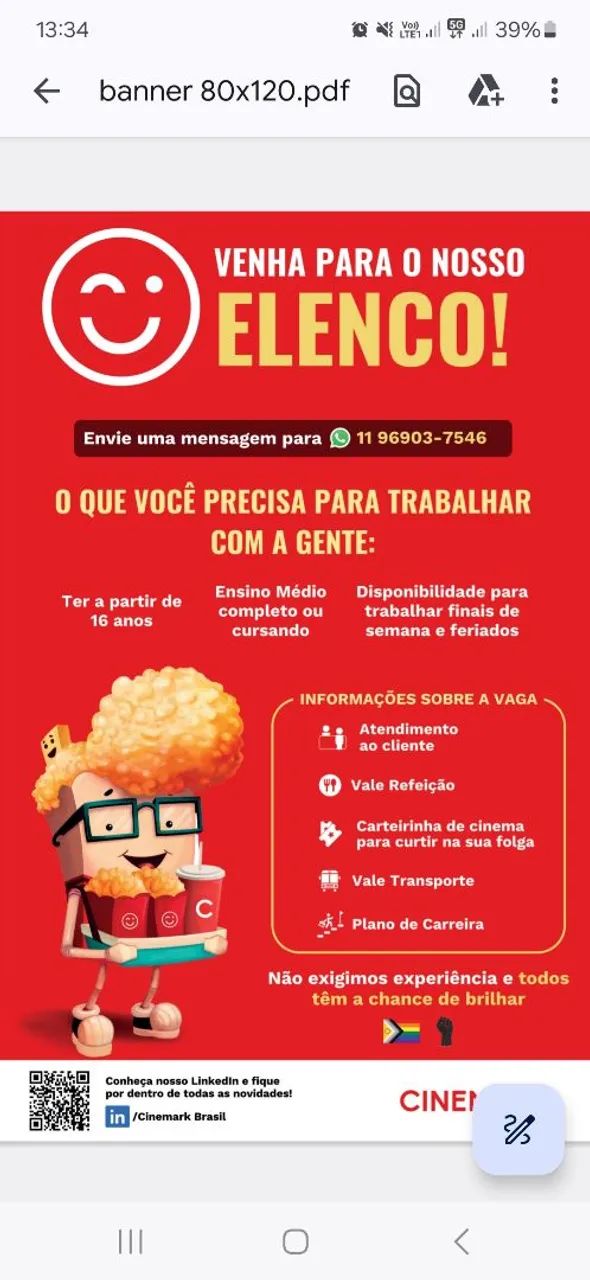 Oportunidade de Trabalho - Cinemark Shopping Eldorado 