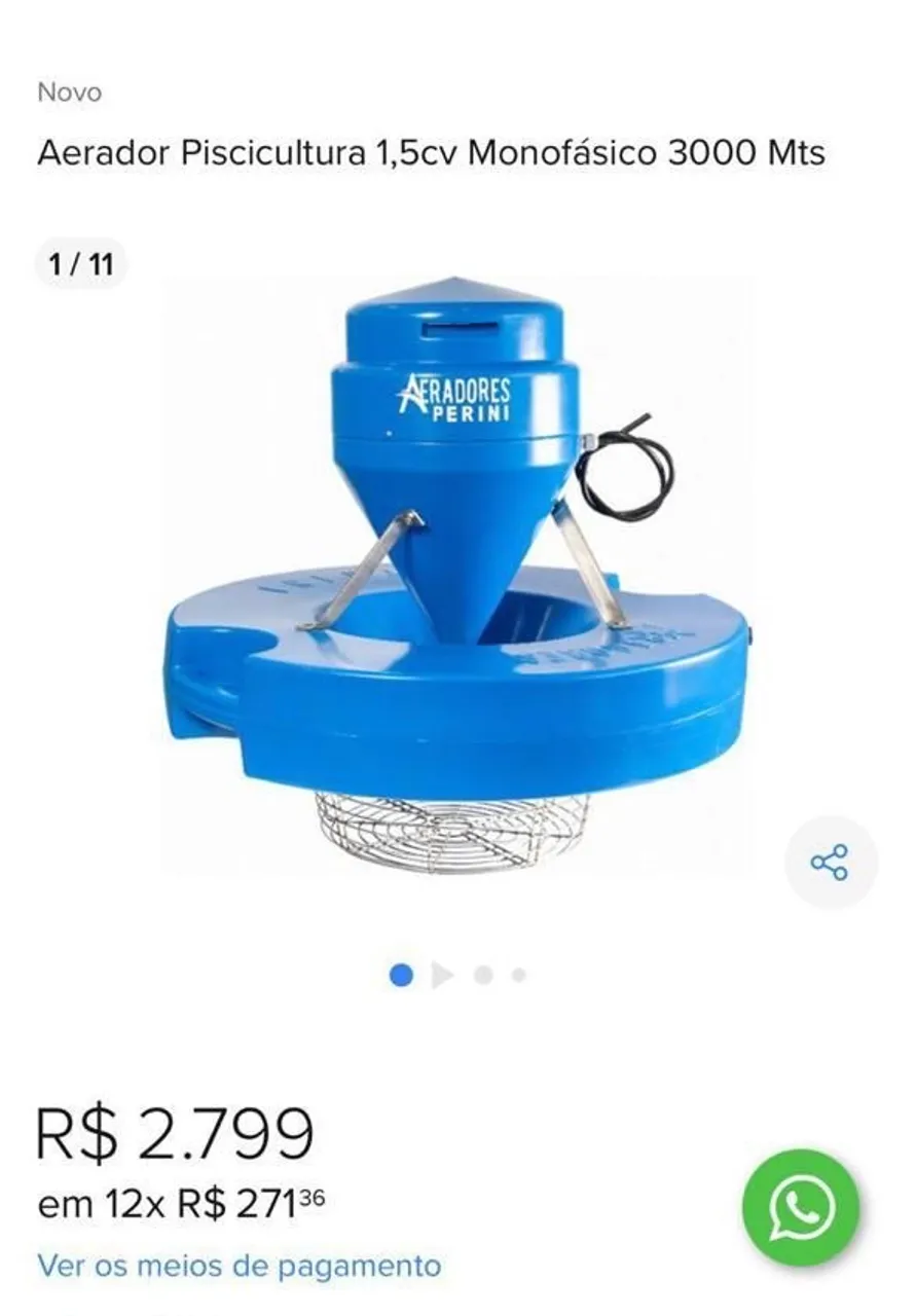 Aerador Piscicultura 1,5cv Monofásico 3000 Mts