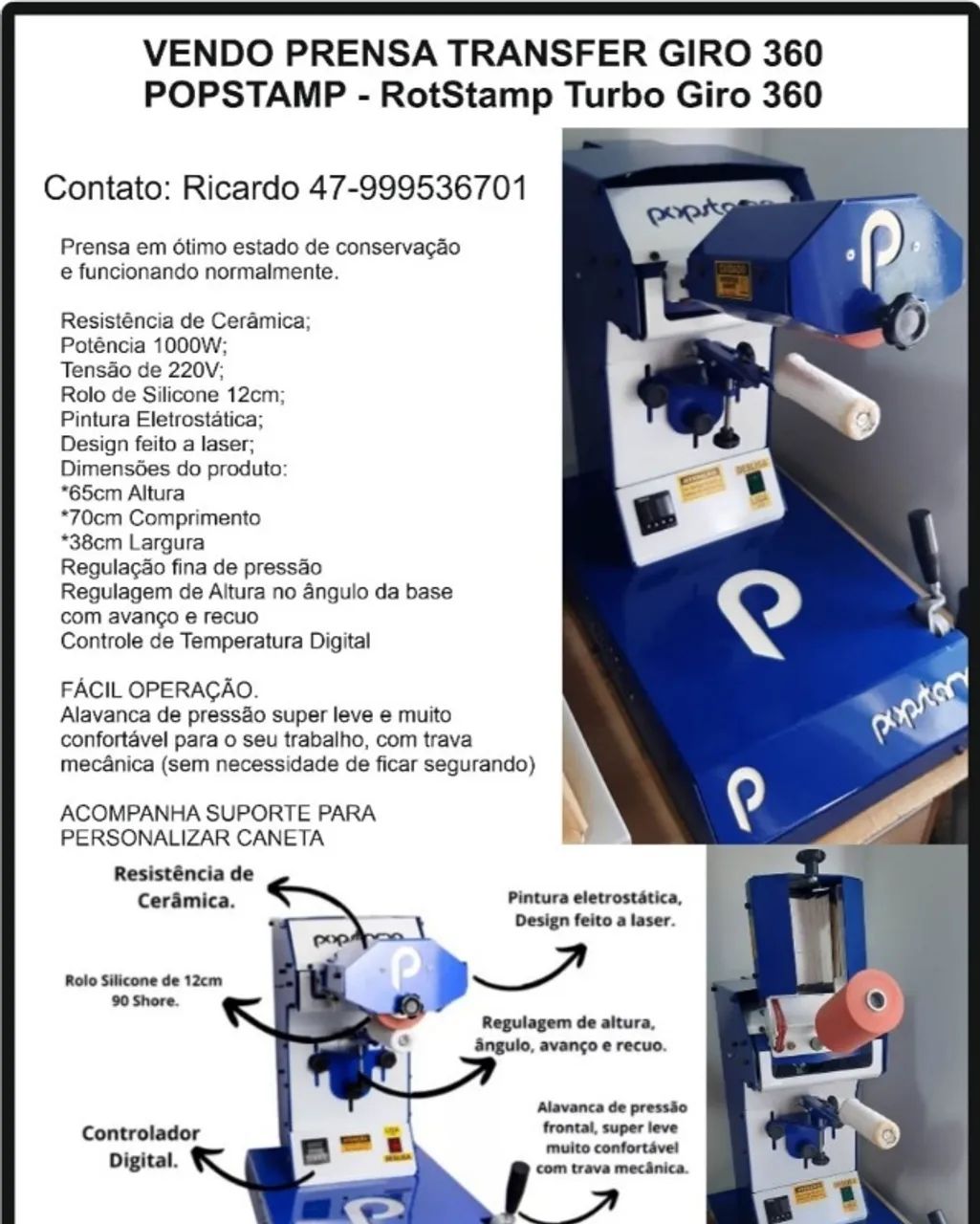 Prensa Transfer Popstamp Rotstamp 360° (Usado)