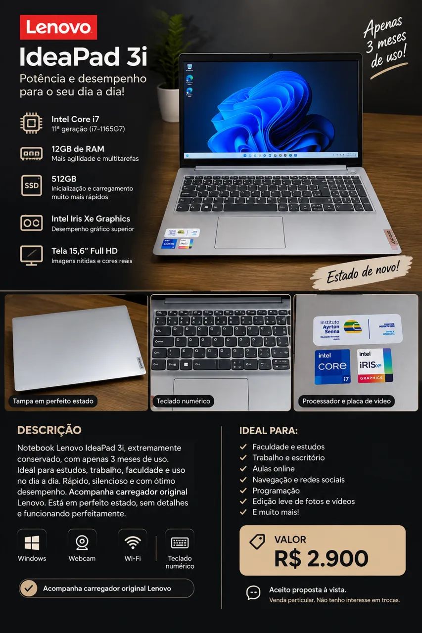 Lenovo IdeaPad 3i i7 | 12GB RAM | SSD 512GB | Iris Xe | NOVÍSSIMO