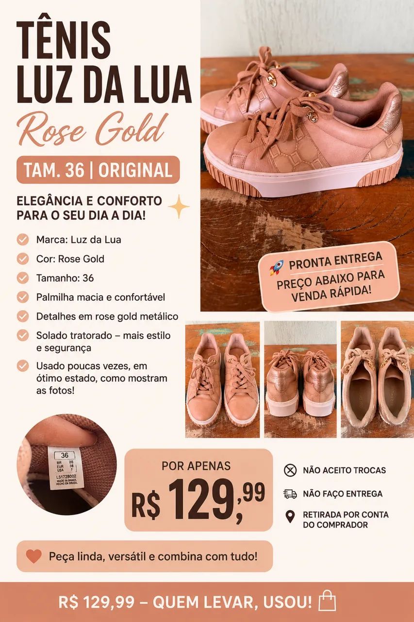 Tênis Luz da Lua Rose Gold Tam. 35 - Original - Ótimo Estado