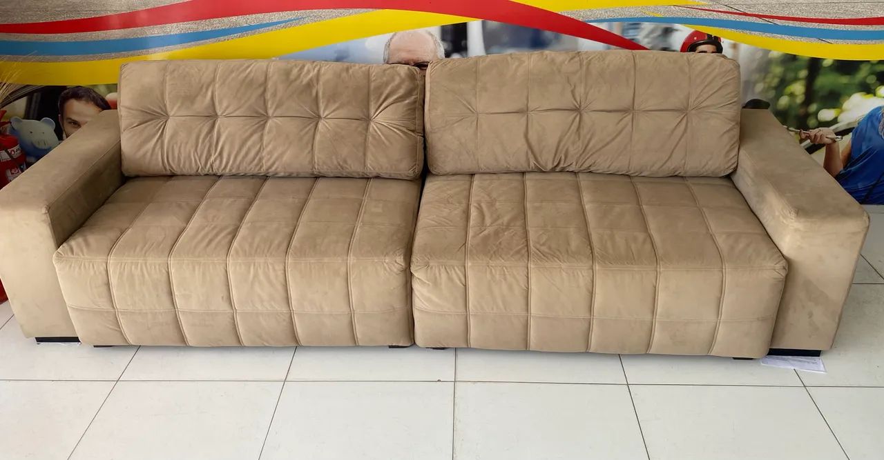Sofá Retrátil Grande Suede Bege 4 Lugares - Ótimo Estado - Foto 3