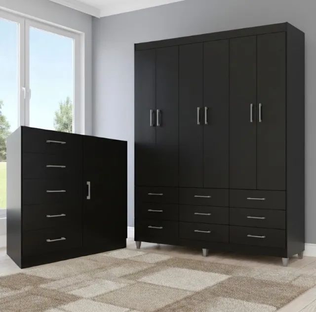 Dormitório Completo Ônix Master com Guarda Roupa e Cômoda Preto
