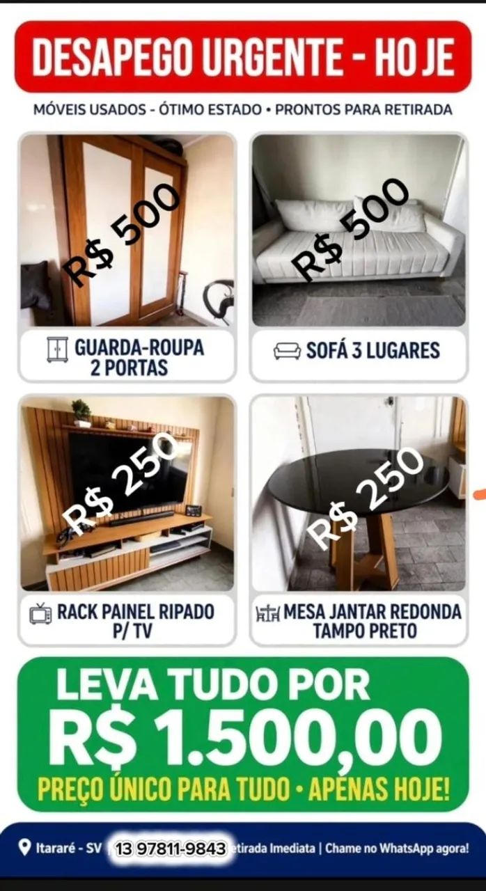 Moveis: Mesa, sofá, roupeiro, rack e geladeira