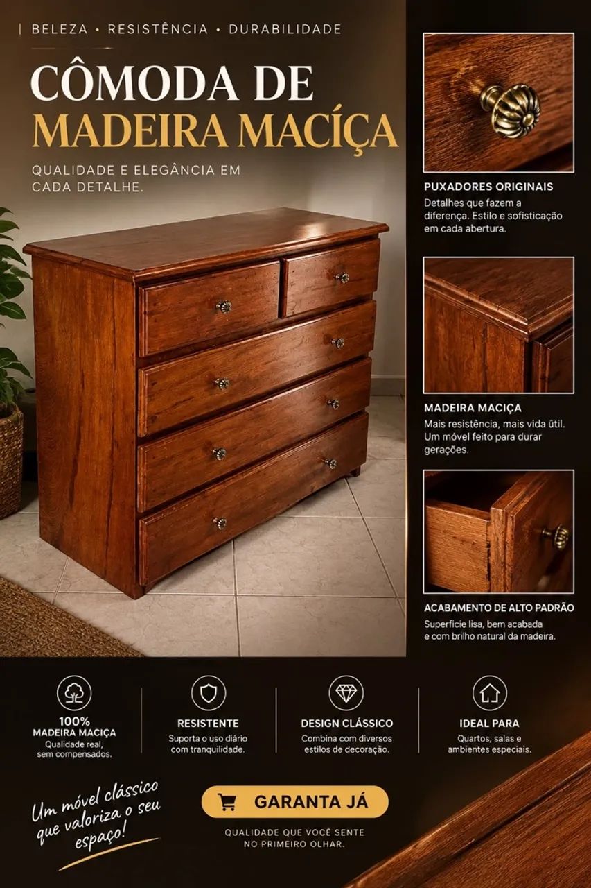 Cômoda de madeira maciça