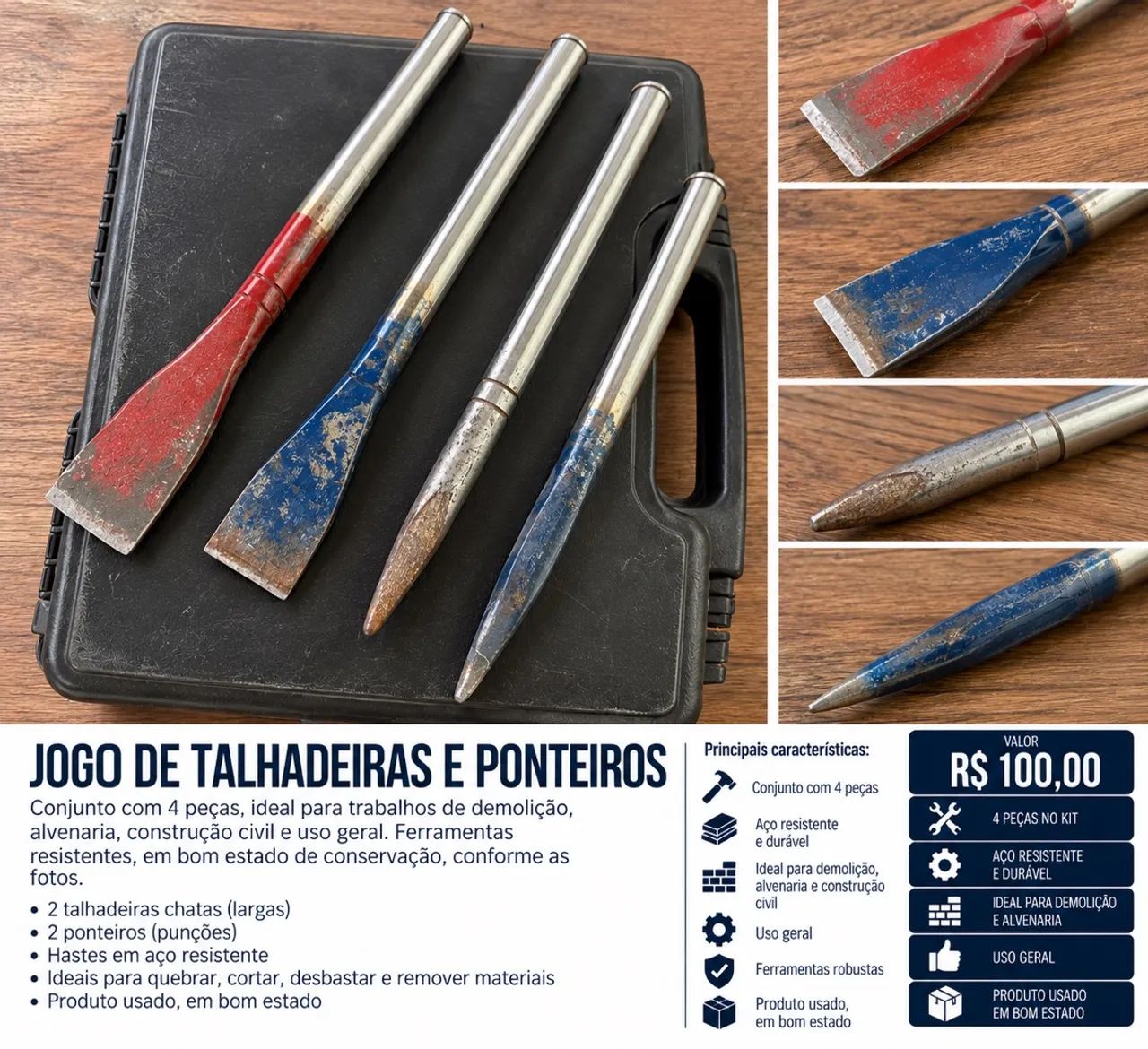 Kit com 4 Talhadeiras e Ponteiros de Aço para Construção