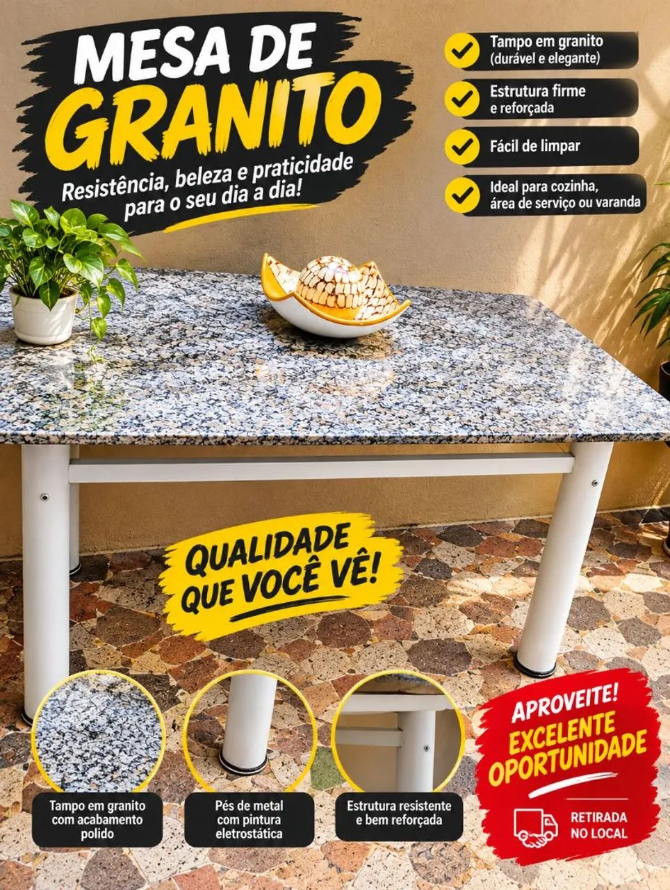 Mesa com tampo de granito, robusta e em ótimo estado!