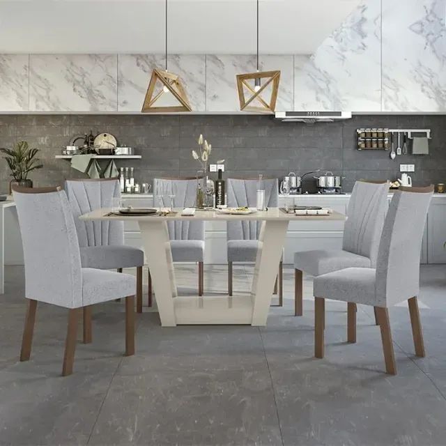Mesa de Jantar com 6 Cadeiras na cor Cinza