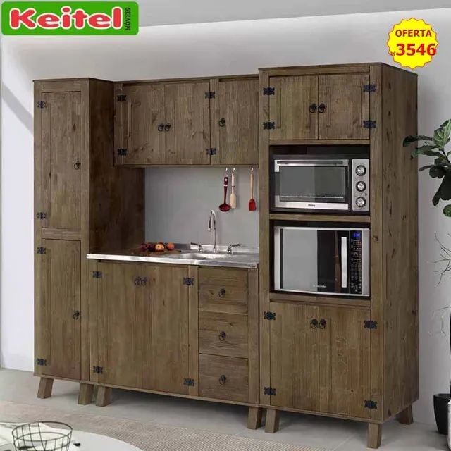 Cozinha Modulada Rústica Madeira Cor Imbuia 4 Peças 