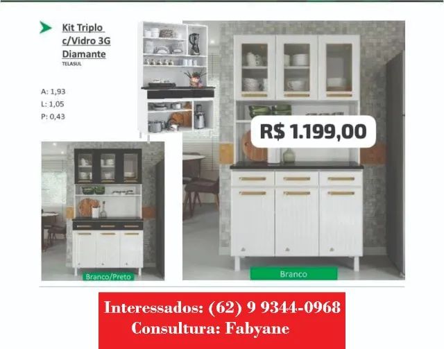 Armario de cozinha kit triplo com vidro diamante