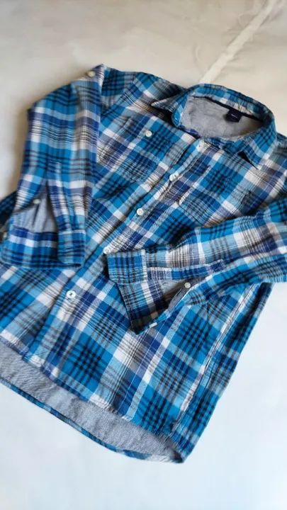 Camisa Infantil Meninos Xadrez Azul Mangas Compridas Gap Kids tam 10/11 ótima - Foto 3
