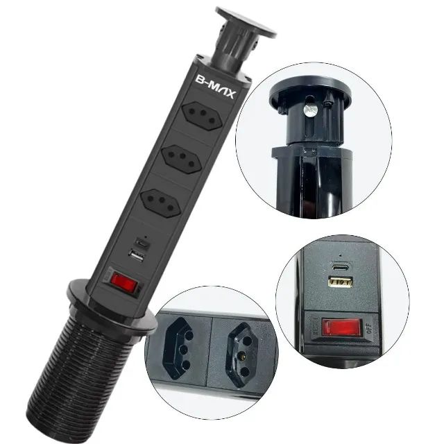 Torre Tomada Retrátil Push to Open 20A - Ideal para Cozinha e Escritório [Preto].  - Foto 2