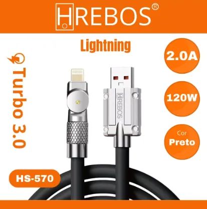 CABO IPHONE IPAD LIGHTINING X USB 1,00 MT ULTRA RESISTENTE TURBO 180 GRAUS HREBOS HS-570