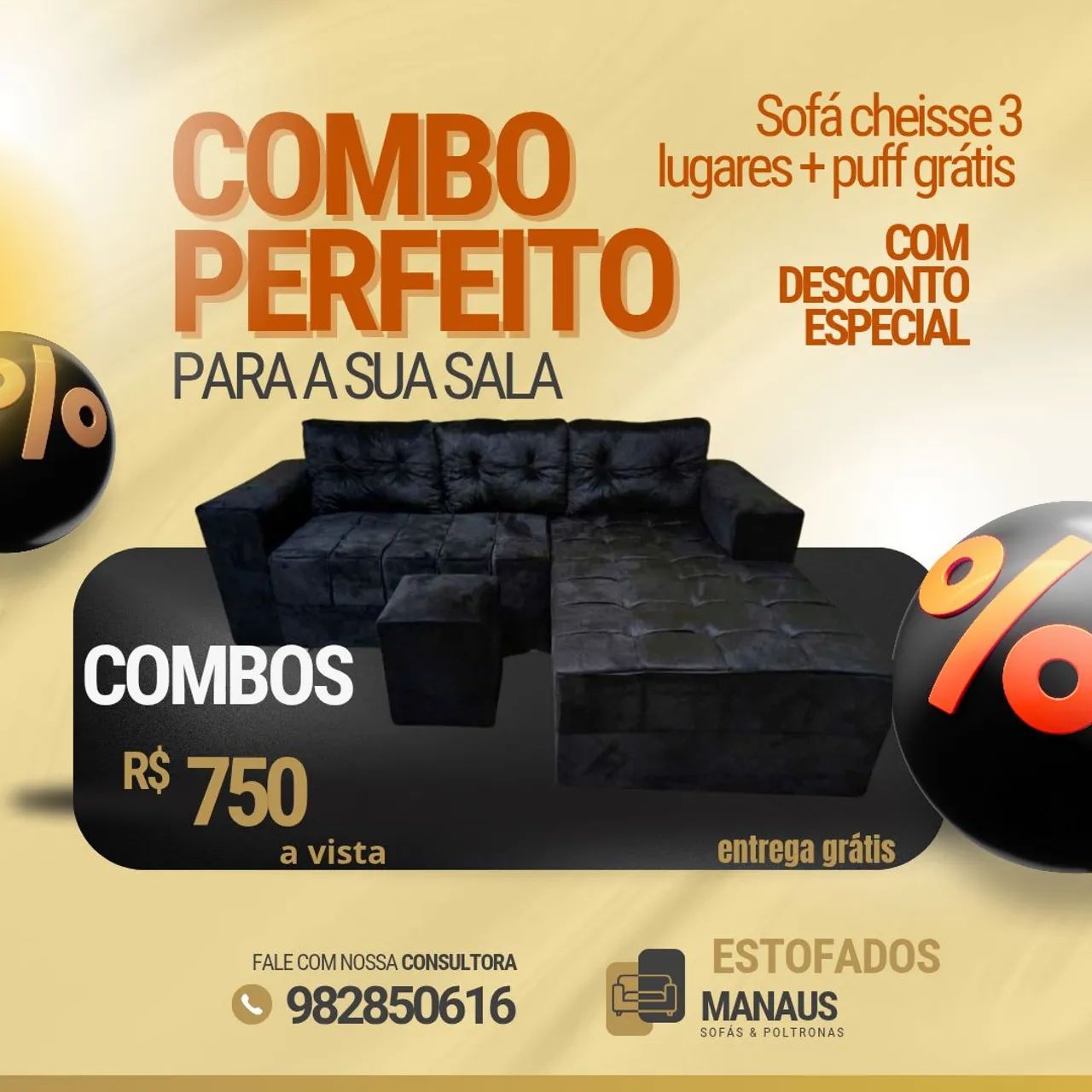 Combo Perfeito de Sofá Cheisse 3 Lugares + Puff Grátis - Foto 2