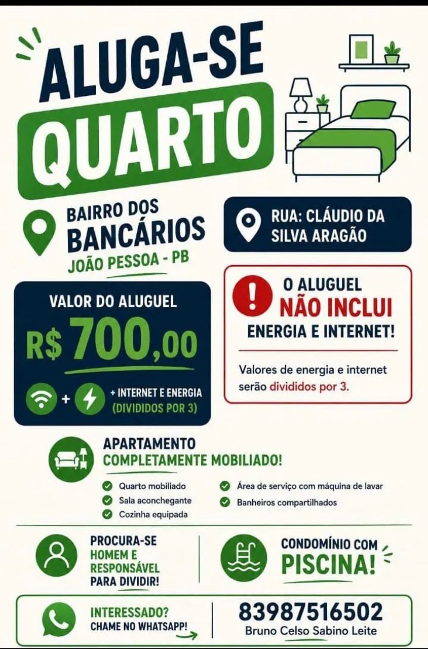 Aluguel de quarto nos Bancários 