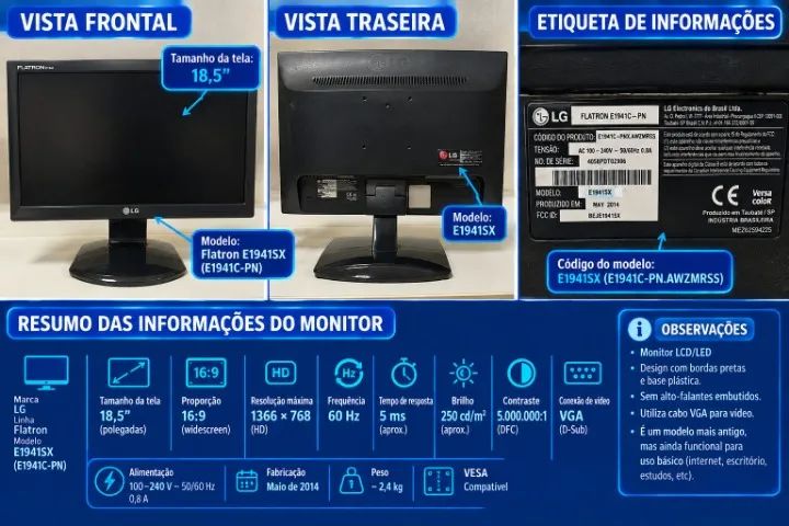 Monitor LG Flatron E1941SX 18,5 Polegadas HD VGA