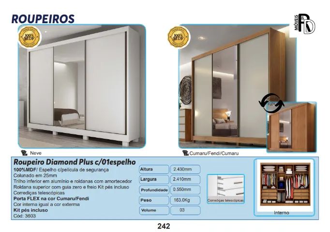 Roupeiro Guarda Roupa Diamond Plus 1 Espelho 100% MDF
