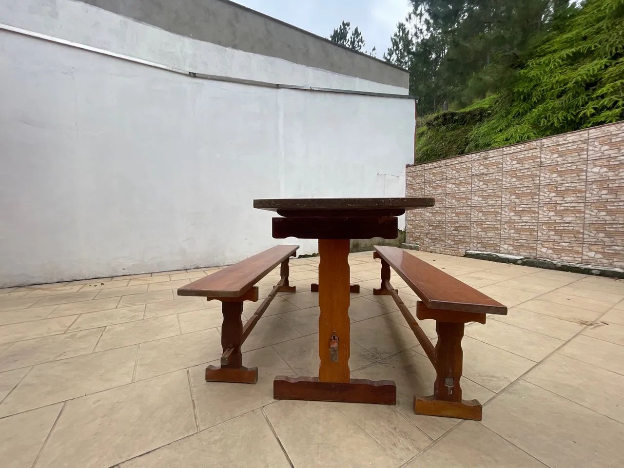 Mesa Rústica de Madeira com Bancos - Conjunto Completo - Foto 3