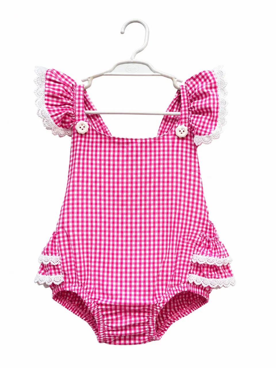 Romper xadrez pink com babadinhos e rendinha