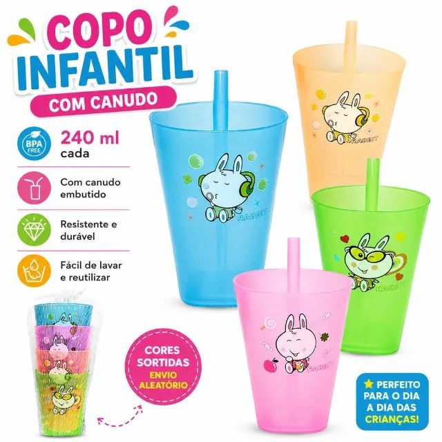Kit 4 Copos Infantil Com Canudo 240ml Coloridos Plástico Resistente