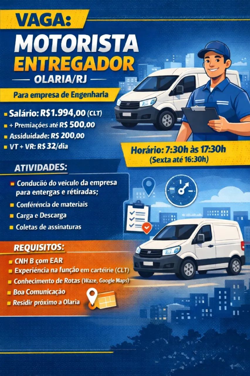 MOTORISTA ENTREGADOR - OLARIA/RJ Para empresa de Engenharia