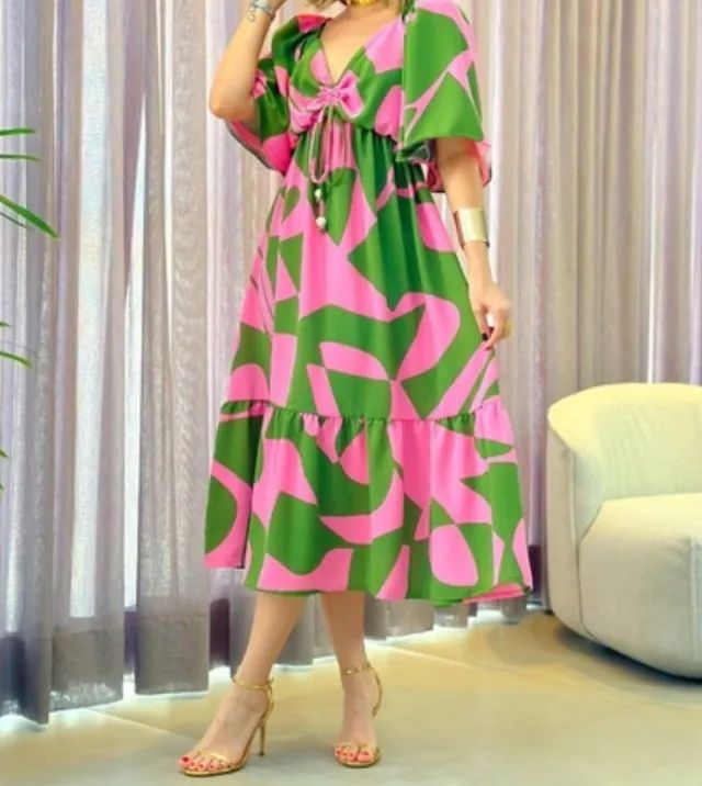 Vestido Midi Verde e Rosa